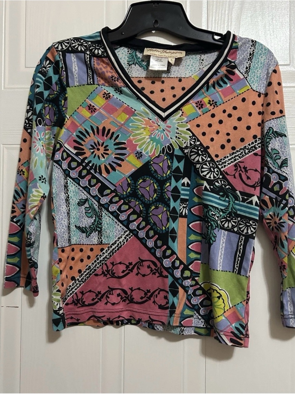 Norm Thompson Multicolor Patchwork V-Neck Long Sleeve Top